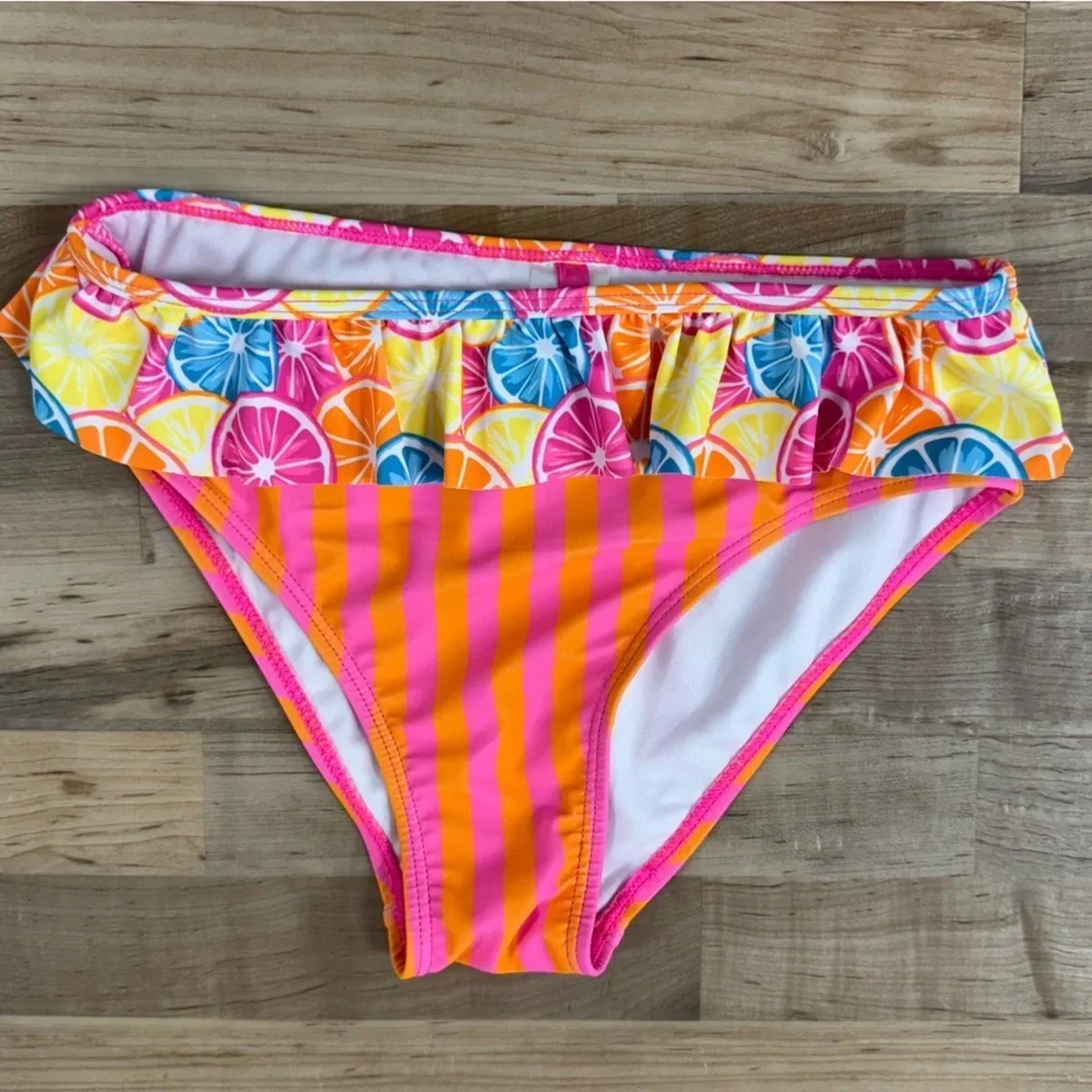NWT Betsey Johnson Swimsuit 2 Pc Girls 14 Smocked Neon Fruit & Stripes Mix Print